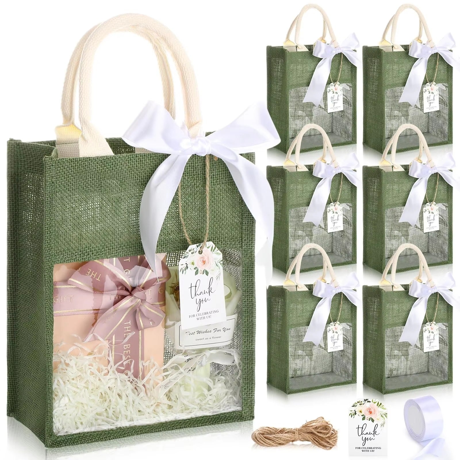 Wholesale Eco-friendly Customized Size Green Jute Bag with Ribbon & Rope Handles Handbag Packaging Festival Gift Souvenirs