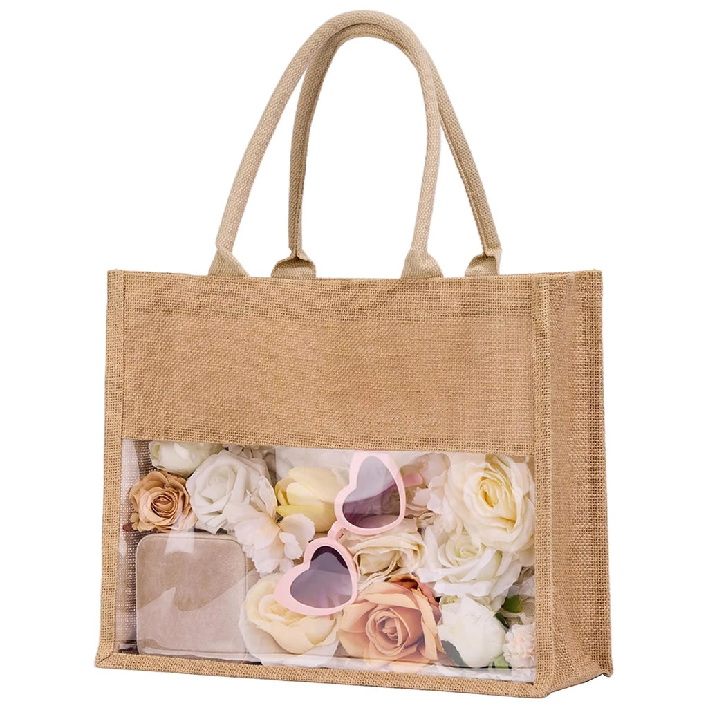 Custom Logo Personalized Eco-friendly Biodegradable Large Capacity Wedding Gift Jute Tote Bags with Transparent PVC Window