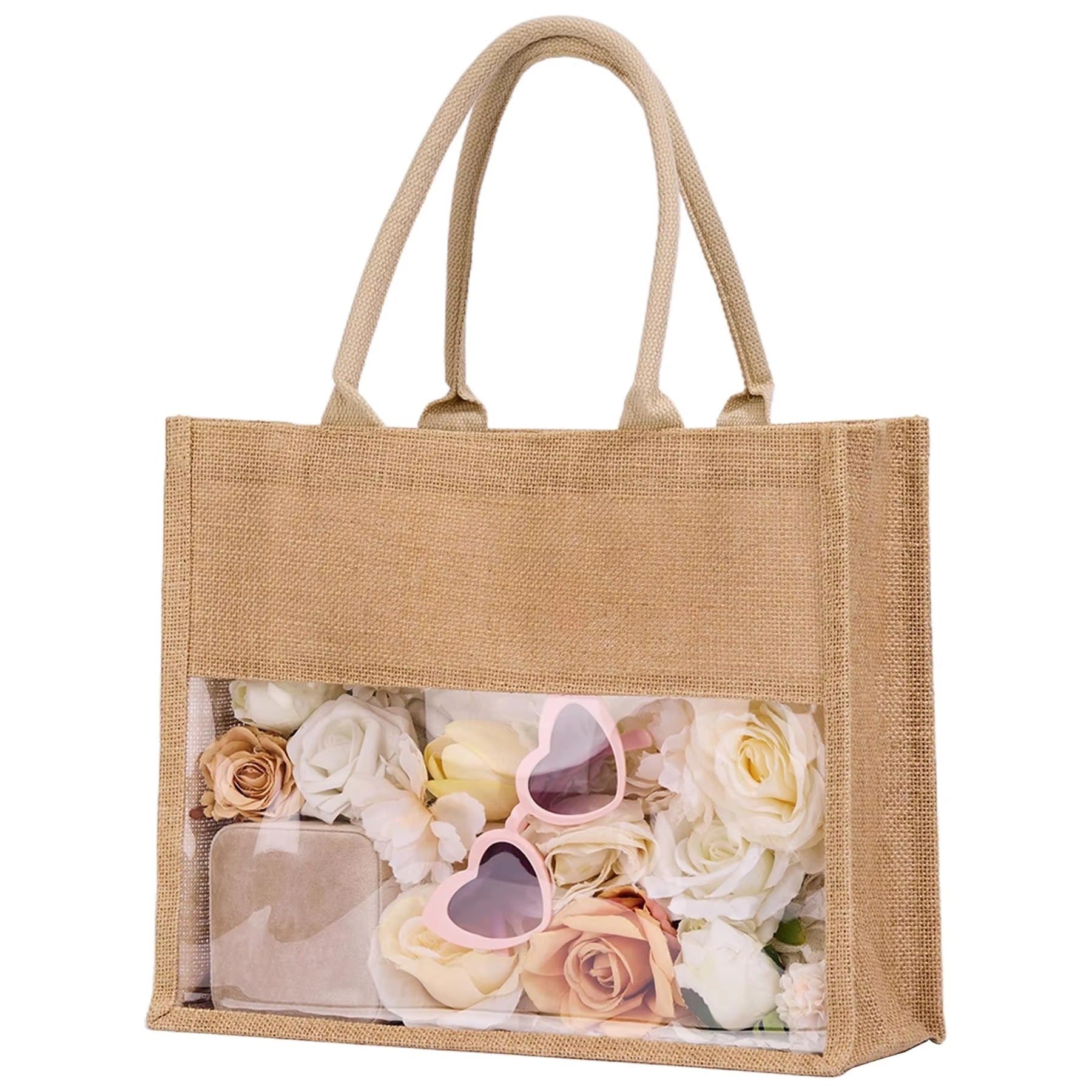 Custom Logo Personalized Eco-friendly Biodegradable Large Capacity Wedding Gift Jute Tote Bags with Transparent PVC Window