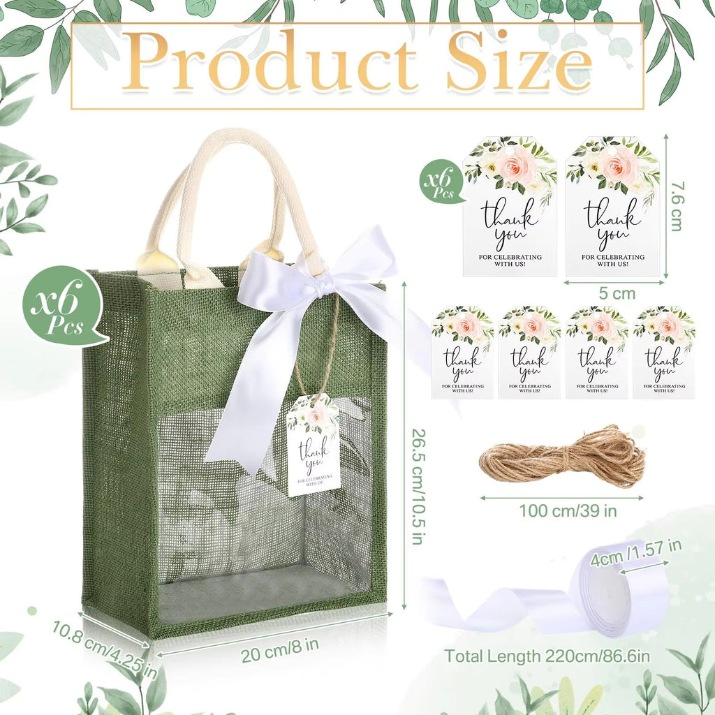 Wholesale Eco-friendly Customized Size Green Jute Bag with Ribbon & Rope Handles Handbag Packaging Festival Gift Souvenirs