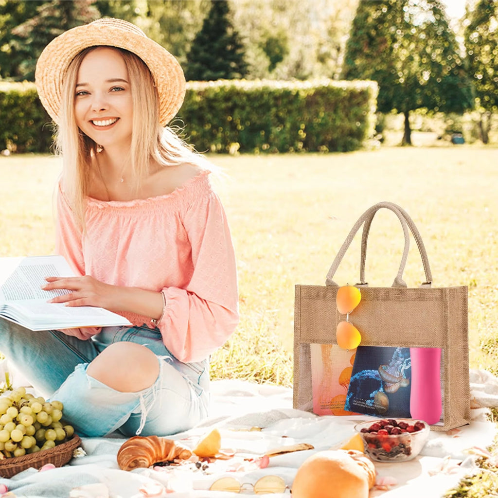 Custom Logo Personalized Eco-friendly Biodegradable Large Capacity Wedding Gift Jute Tote Bags with Transparent PVC Window