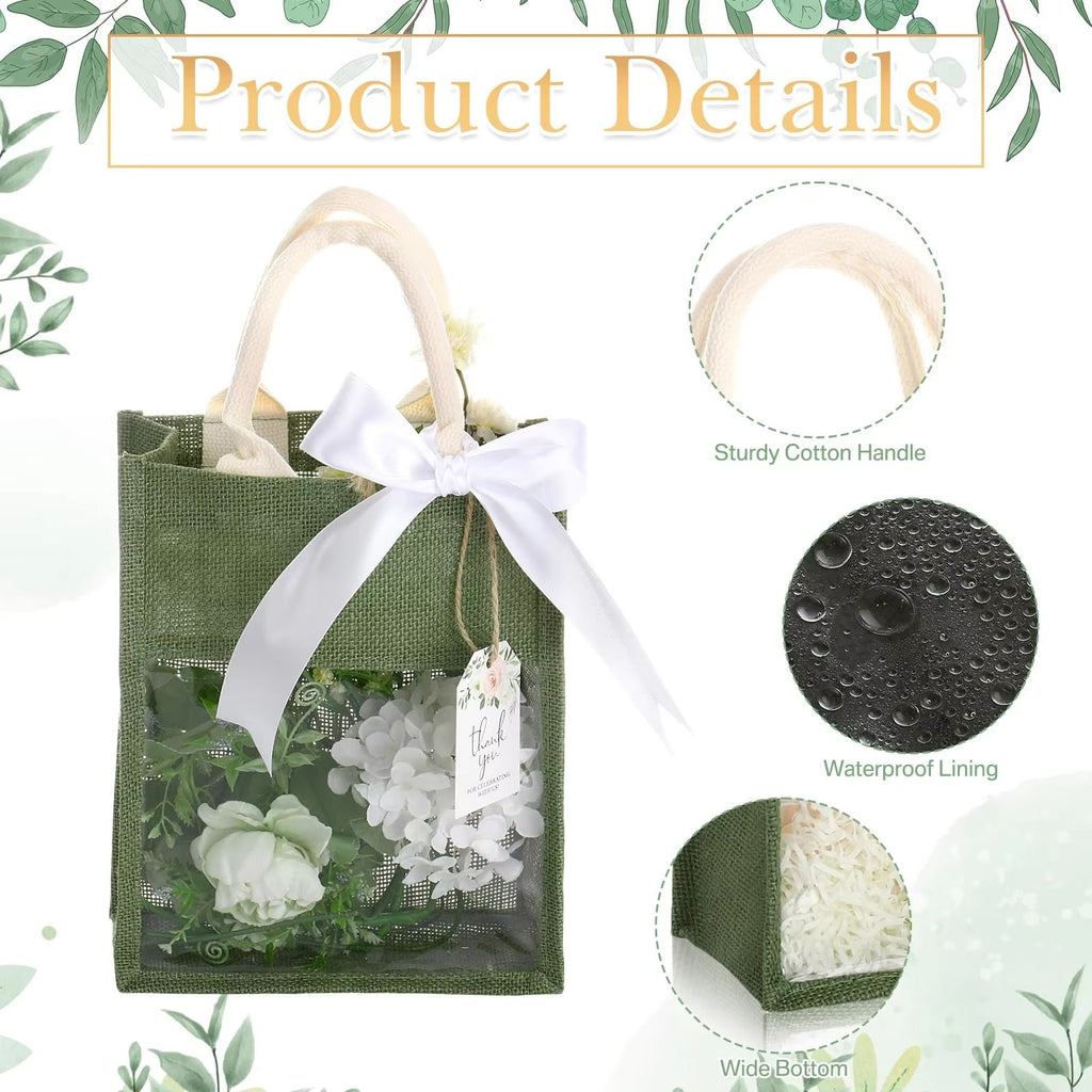 Wholesale Eco-friendly Customized Size Green Jute Bag with Ribbon & Rope Handles Handbag Packaging Festival Gift Souvenirs