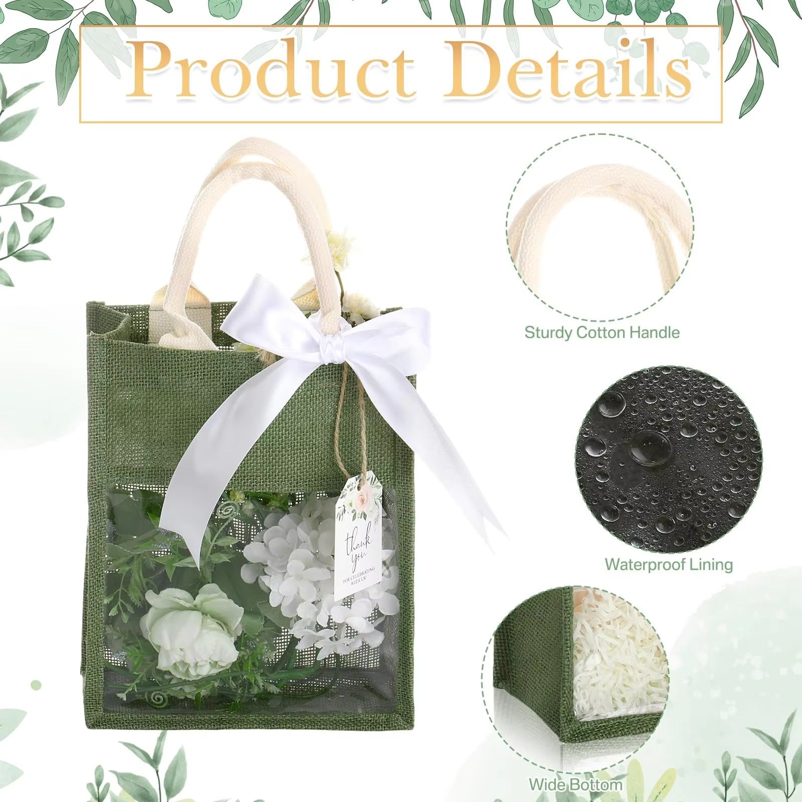 Wholesale Eco-friendly Customized Size Green Jute Bag with Ribbon & Rope Handles Handbag Packaging Festival Gift Souvenirs