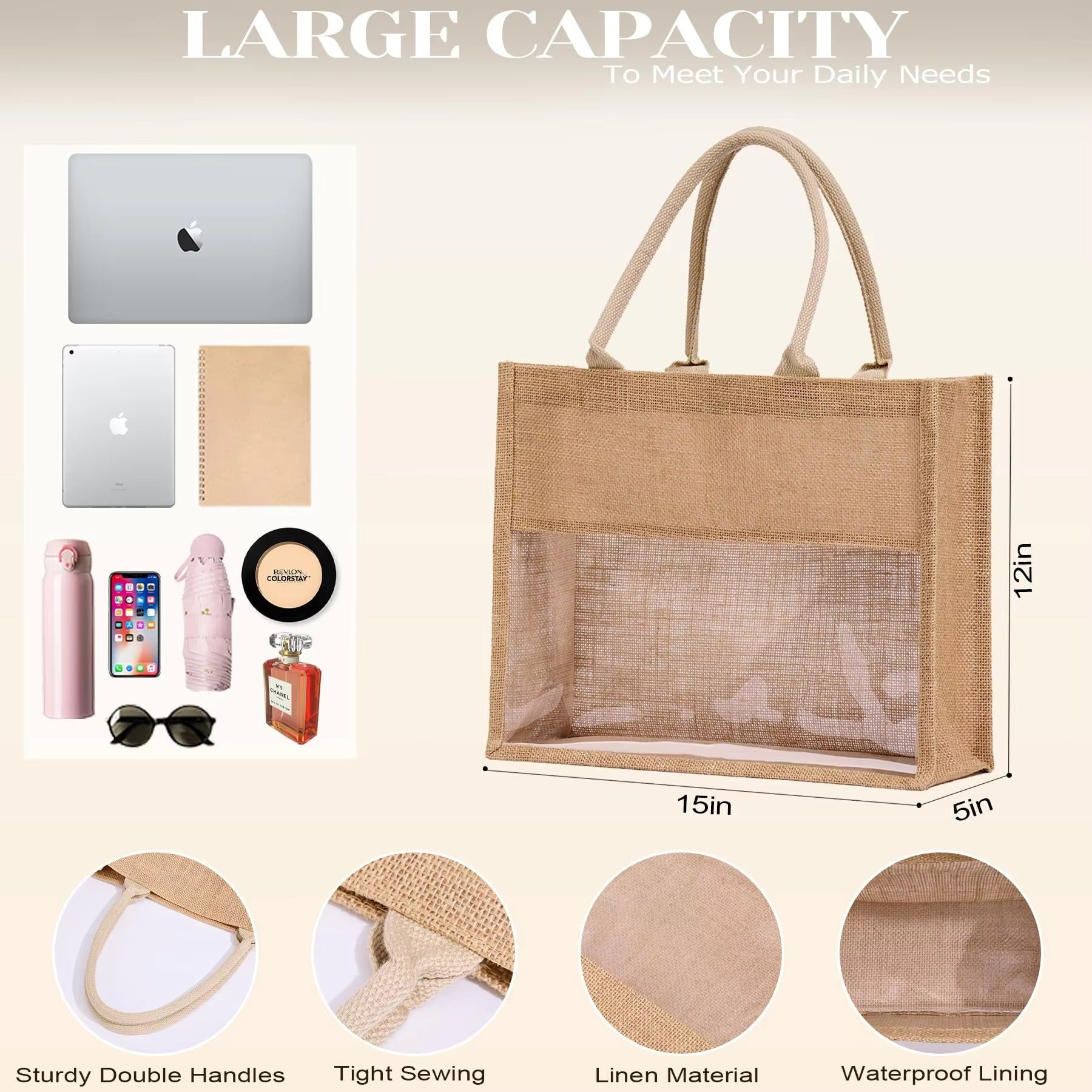 Custom Logo Personalized Eco-friendly Biodegradable Large Capacity Wedding Gift Jute Tote Bags with Transparent PVC Window