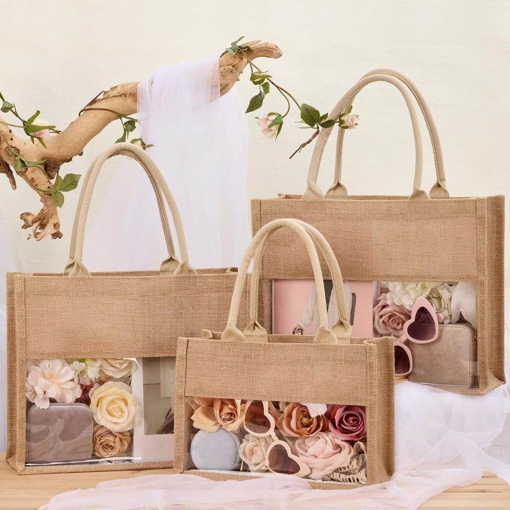 Custom Logo Personalized Eco-friendly Biodegradable Large Capacity Wedding Gift Jute Tote Bags with Transparent PVC Window