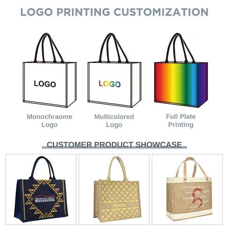 Free Samples Cheap Reusable Custom Logo Printed Grocery Shopping Burlap Jute 3D Laminated Material Tote Bag With Handle