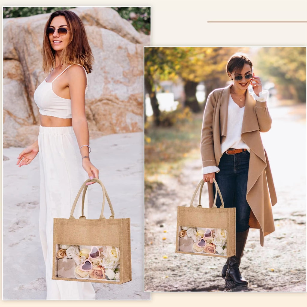 Custom Logo Personalized Eco-friendly Biodegradable Large Capacity Wedding Gift Jute Tote Bags with Transparent PVC Window