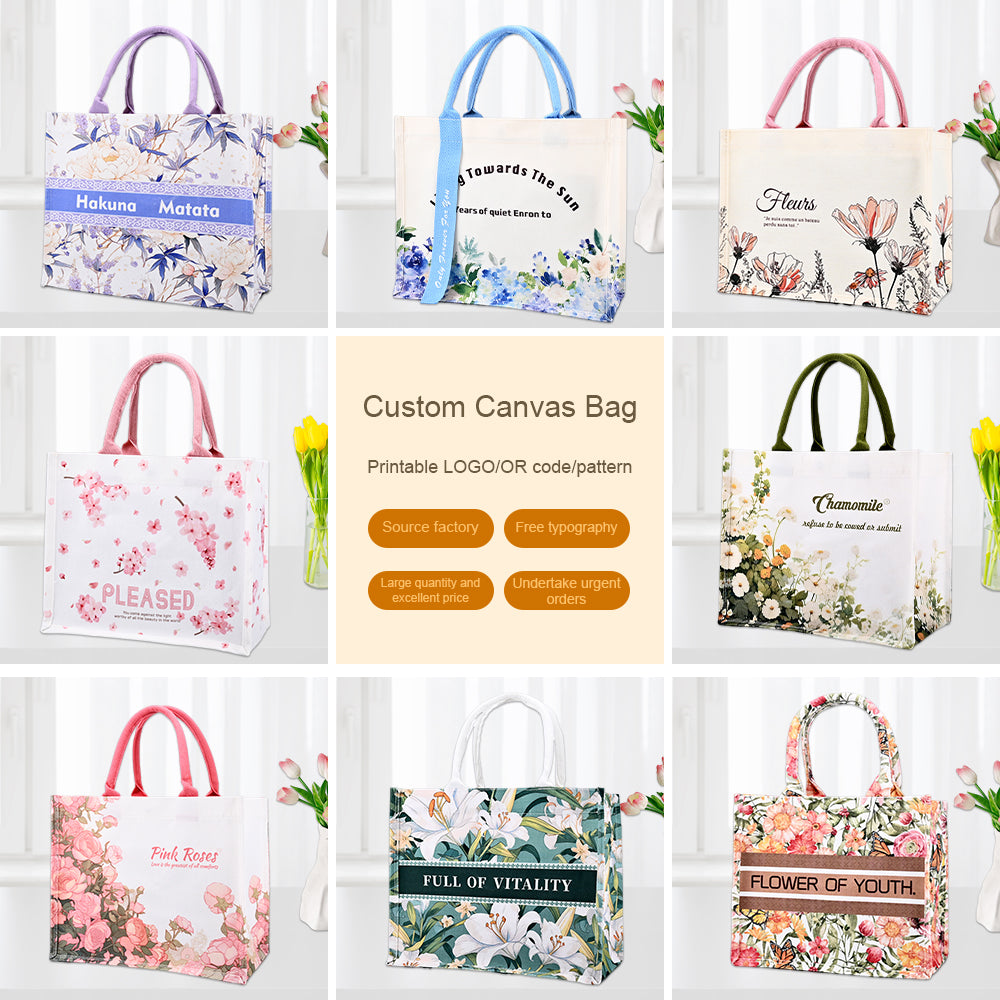 Free Samples Large Reusable Tote Canvas Handbag  with 3D Laminated Material Natural Fibers